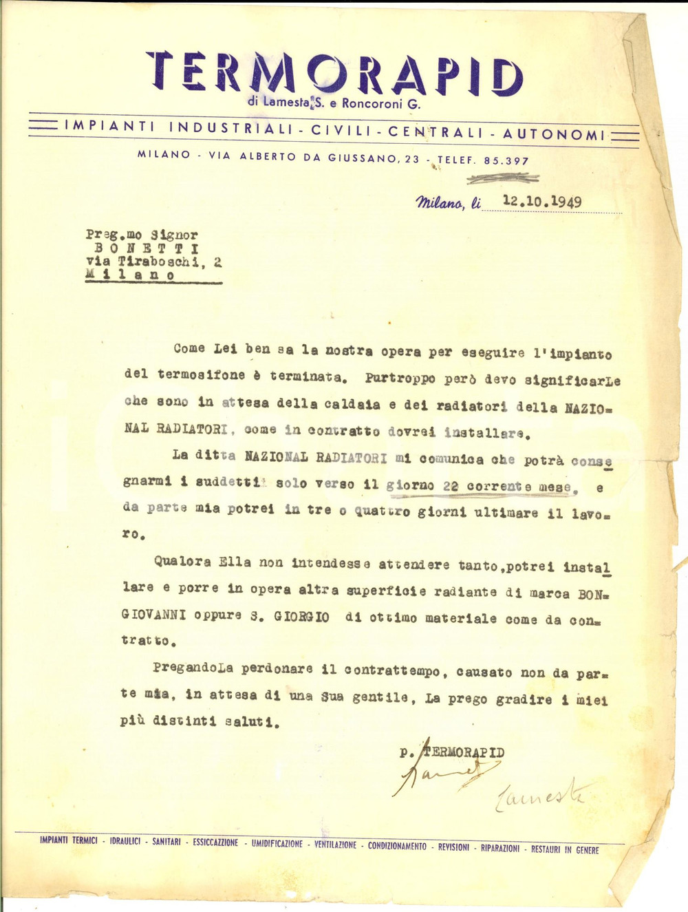 Manoscritto, lettera originale 1949 MILANO Ditta TERMORAPID su installazione impianto a un cliente Lettera 1