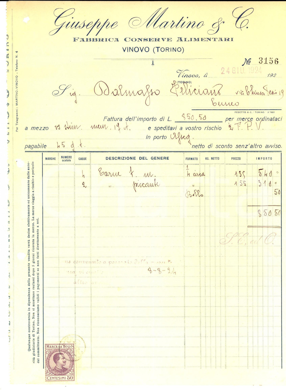 Documento originale, autentico 1924 VINOVO TO Giuseppe MARTINO Fabbrica conserve alimentari Fattura 1