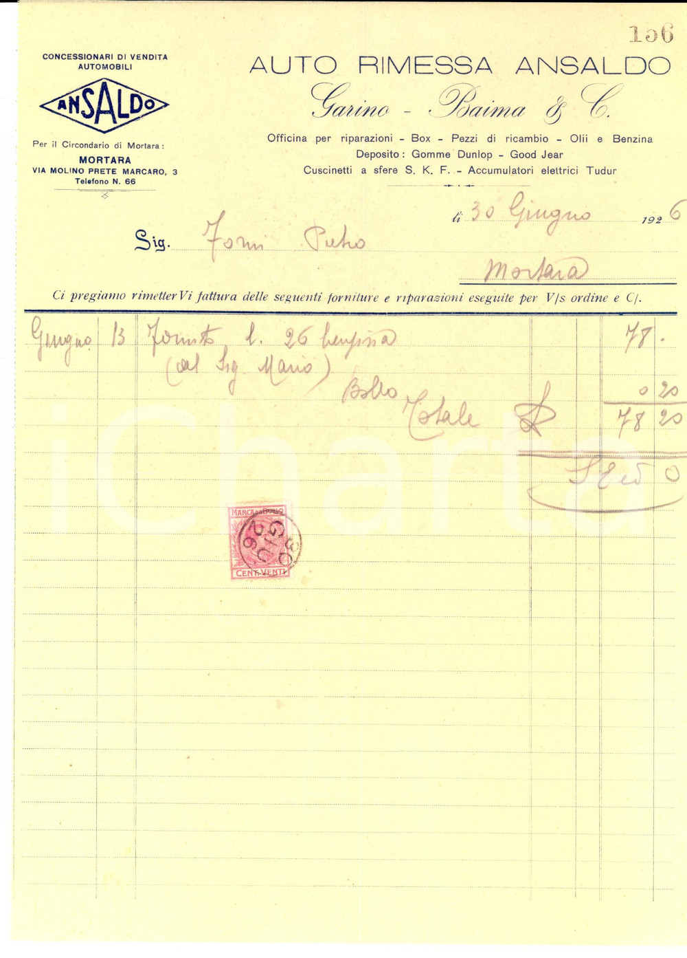 Documento originale, autentico 1926 MORTARA PV Autorimessa ANSALDO GARINO BAIMA & C. Fattura intestata 1