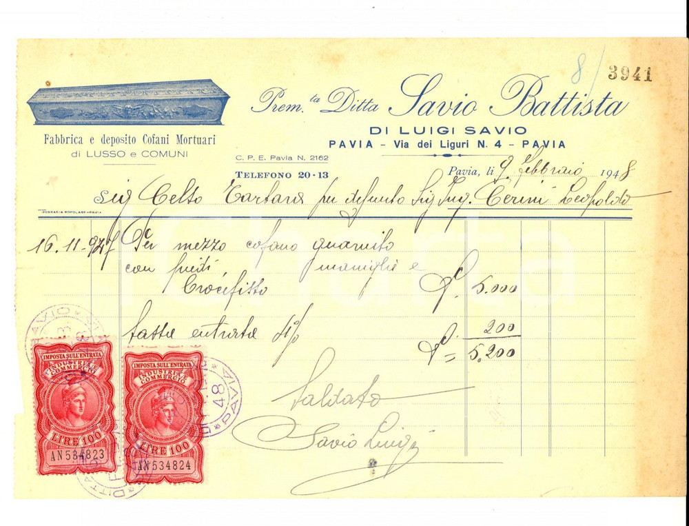 Documento originale, autentico 1948 PAVIA Premiata Ditta SAVIO Battista  Cofani mortuari Fattura intestata 1