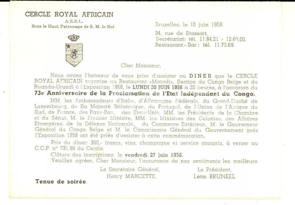 1958 BRUXELLES Cercle Royal Africain - Soirée pour l'indépendance CONGO *Billet