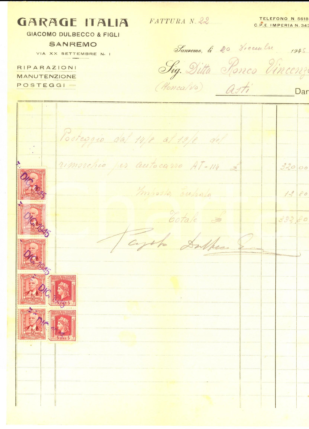 Documento originale, autentico 1945 SANREMO IM Garage ITALIA Giacomo DULBECCO & FIGLI Fattura intestata 1