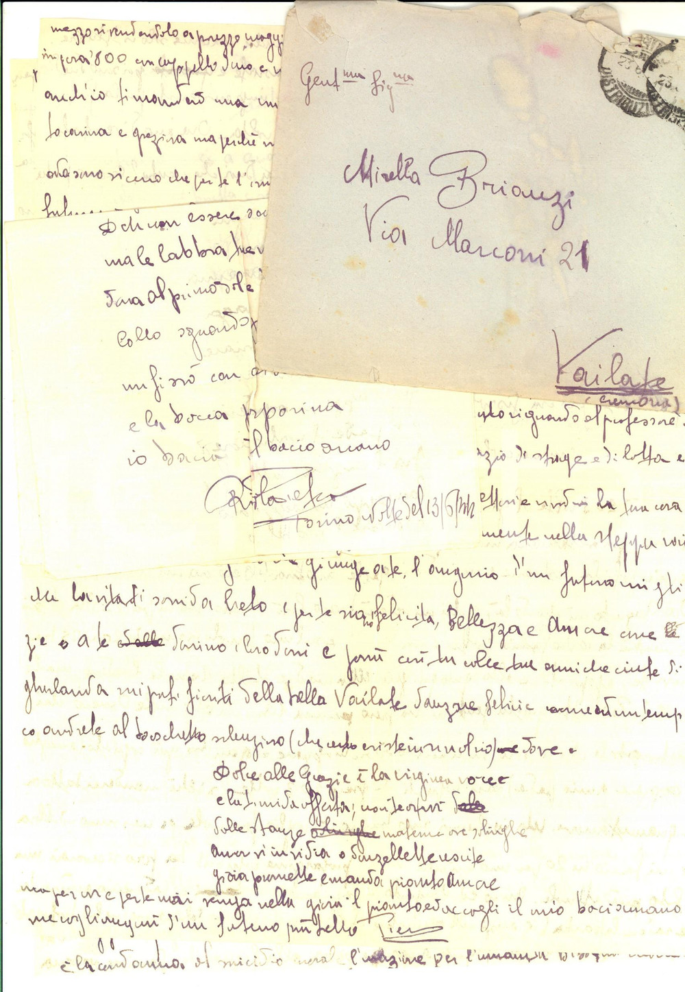 Autografo originale 1944 TORINO Evadere dal crogiolo del fango e del nulla Autografo Pietro RIGOLA 1