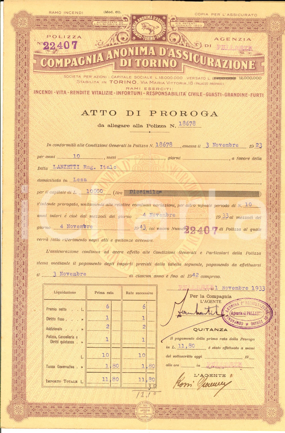 Documento originale, autentico 1923 TORINO Compagnia Anonima di ASSICURAZIONE Proroga polizza Italo LANZETTI 1