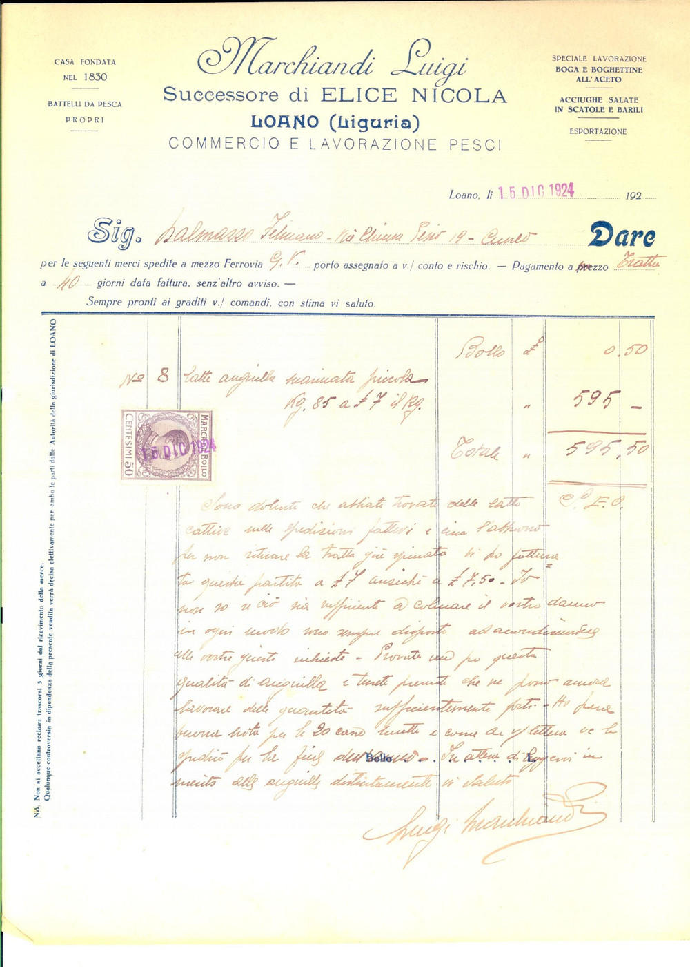 Manoscritto, lettera originale 1924 LOANO SV Luigi MARCHIANDI si scusa per una partita cattiva di pesce 1