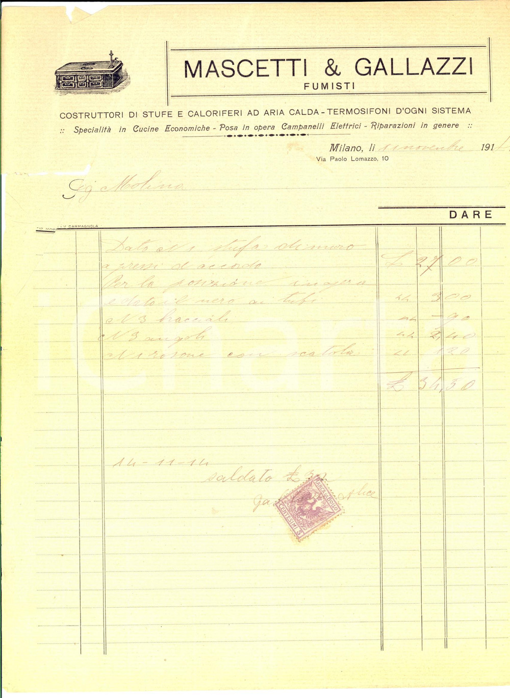 Documento originale, autentico 1914 MILANO MASCETTI & GALLAZZI Fumisti  Fattura intestata per stufa 1