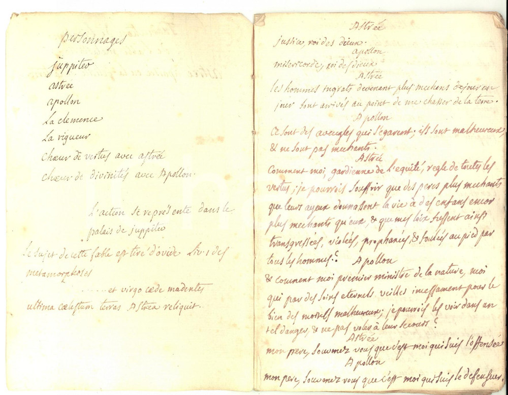 Manoscritto, lettera originale 1770 ca Pietro METASTASIO Astrea placata  Versione francese manoscritta 1