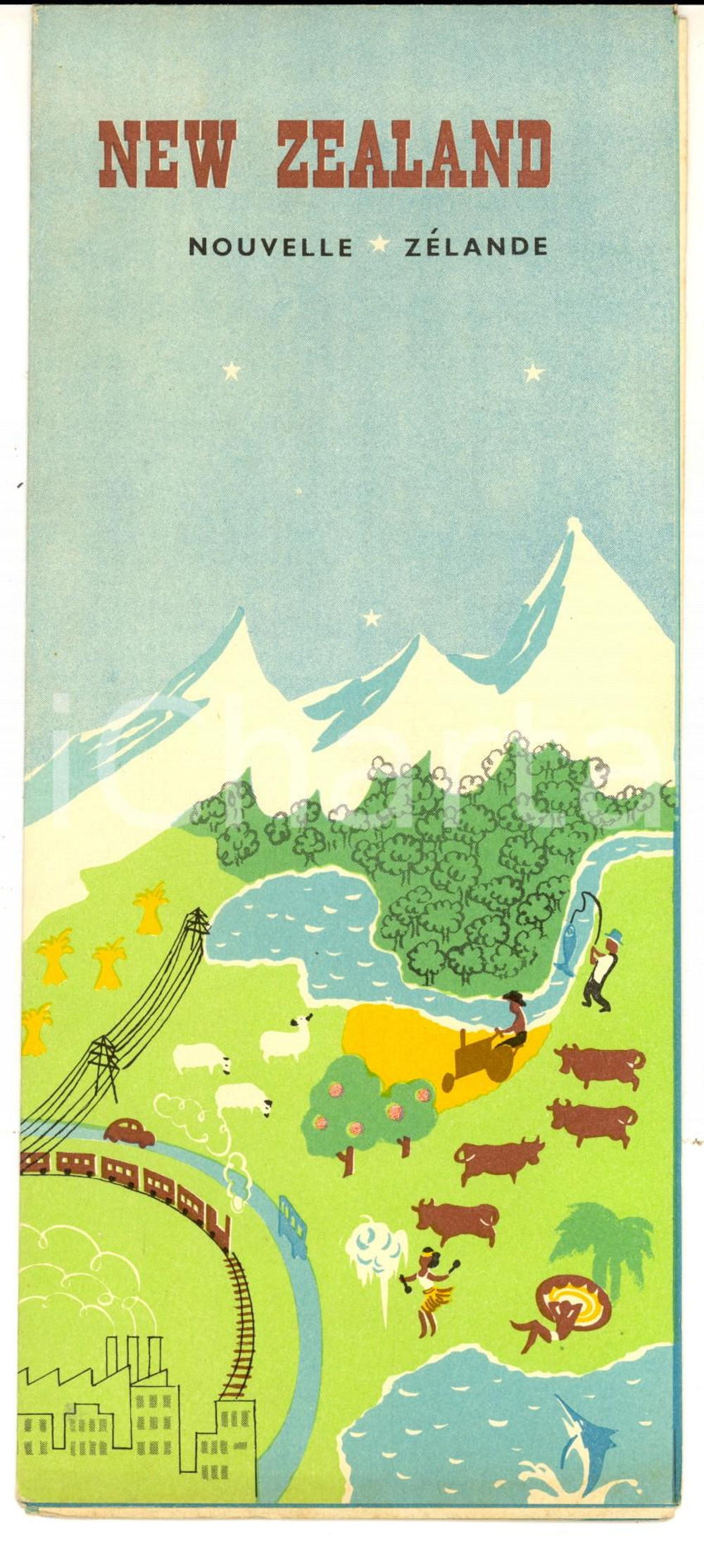 Materiale pubblicitario d’epoca 1950 ca NEW ZEALAND Pieghevole pubblicitario turistico ILLUSTRATO con mappa 1