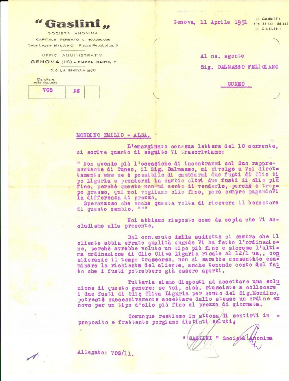 Manoscritto, lettera originale 1951 GENOVA Ditta GASLINI Cambio fusti olio per Emilio MONDINO di Alba Lettera 1