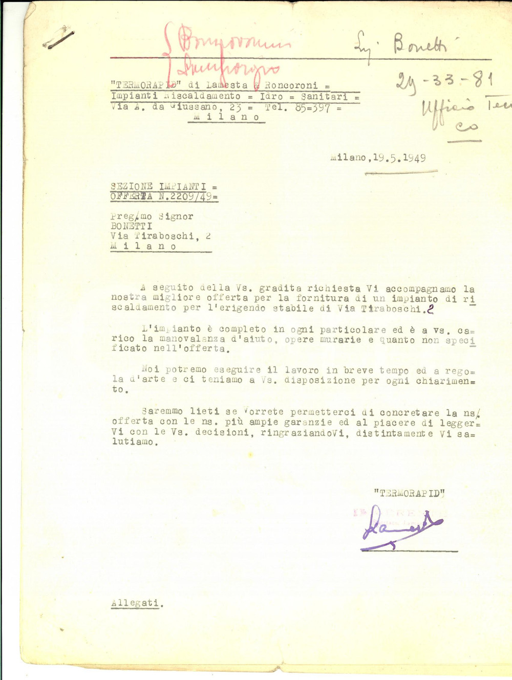 Documento originale, autentico 1949 MILANO Ditta TERMORAPID  Preventivo per impianto stabile via TIRABOSCHI 1