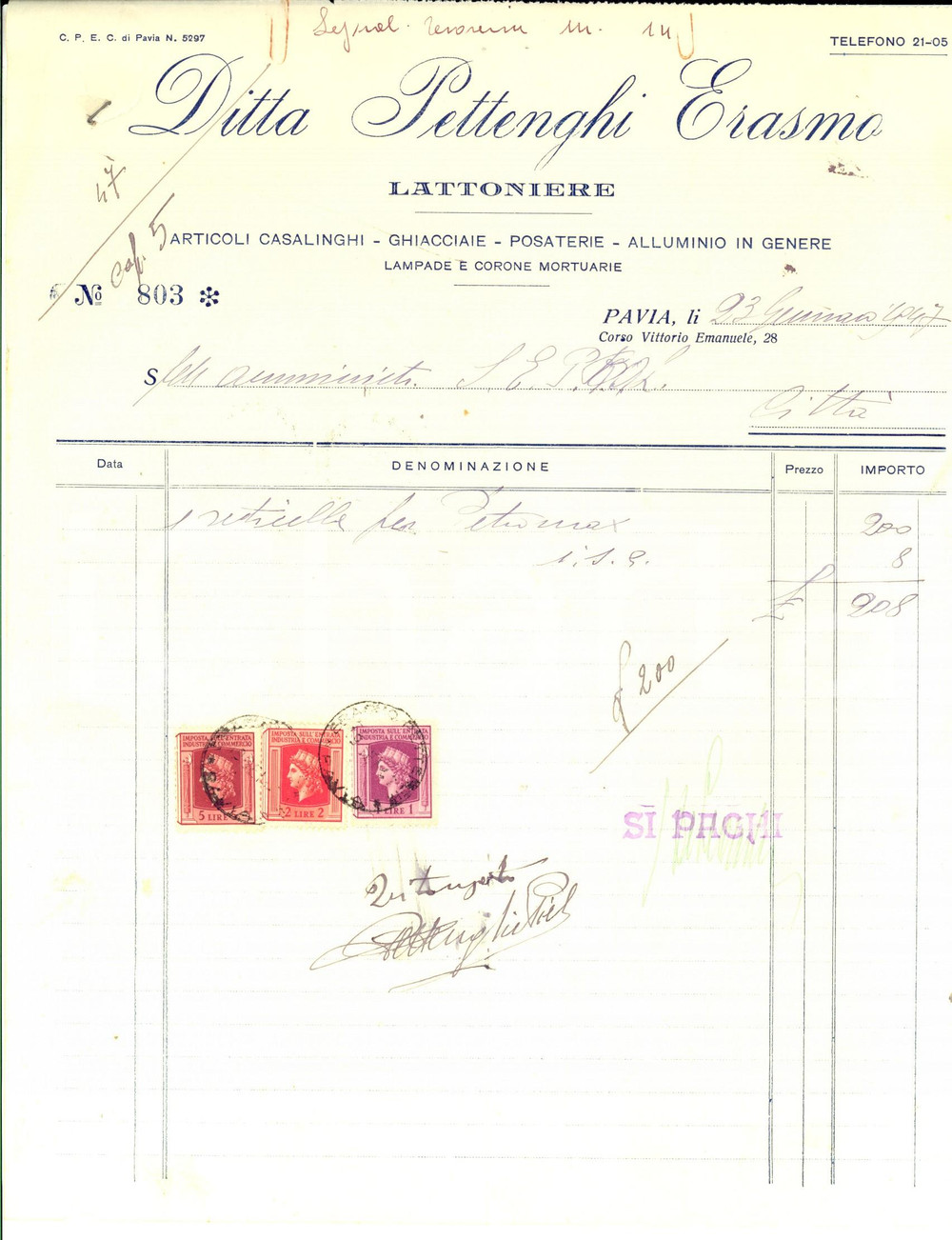 Documento originale, autentico 1947 PAVIA Ditta PETTENGHI Erasmo  Lattoniere e posaterie Fattura intestata 1