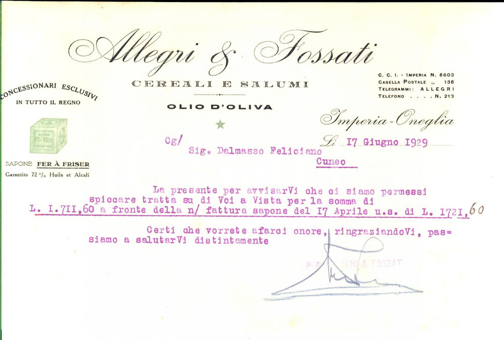 Documento originale, autentico 1929 IMPERIA Ditta ALLEGRI & FOSSATI  Cereali e salumi  Lettera commerciale 1