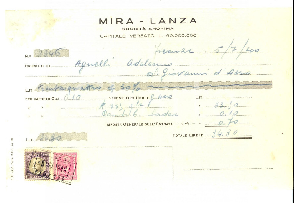 Documento originale, autentico 1940 NAPOLI Fabbriche saponi candele MIRALANZA Ricevuta 22x14 cm 1