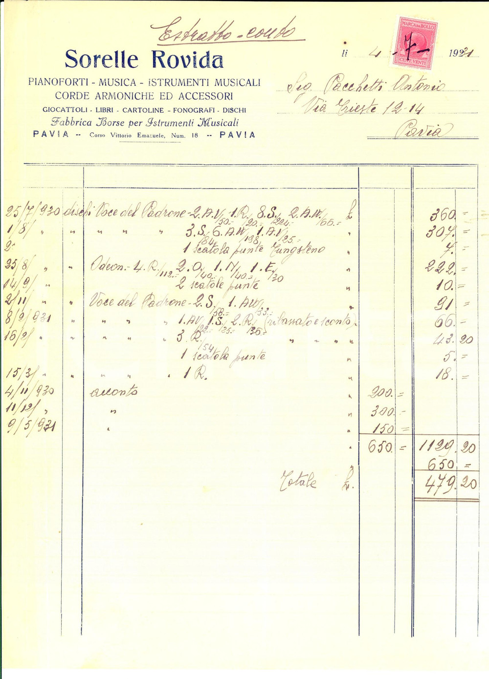 Documento originale, autentico 1931 PAVIA Sorelle ROVIDA Pianoforti e strumenti musicali Estratto conto 1