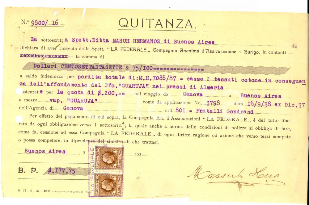 Documento originale, autentico 1939 WW2 BUENOS AIRES Risarcimento a MASUH HERMANOS per perdita casse di cotone 1