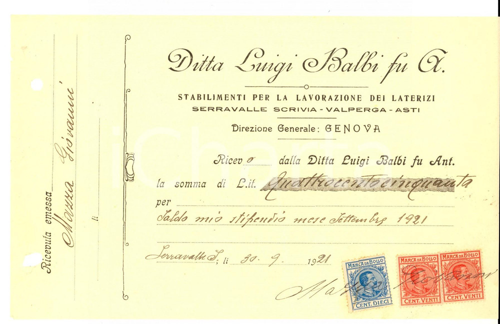 Documento originale, autentico 1921 SERRAVALLE SCRIVIA AL Ditta Luigi BALBI laterizi Ricevuta intestata 1