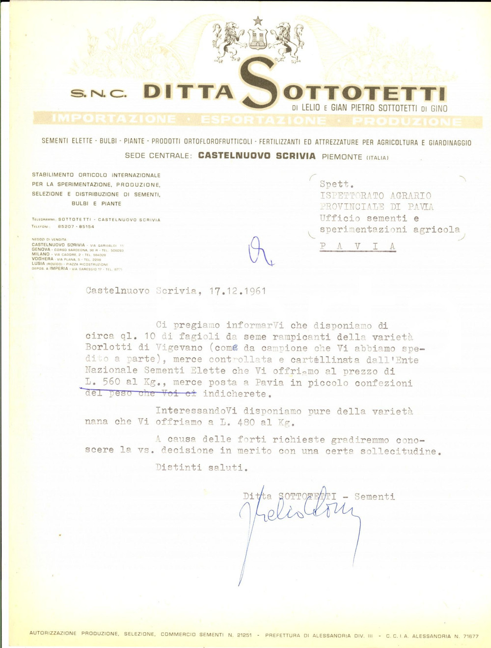 Manoscritto, lettera originale 1961 CASTELNUOVO SCRIVIA AL Ditta SOTTOTETTI  Lettera per fagioli da seme 1