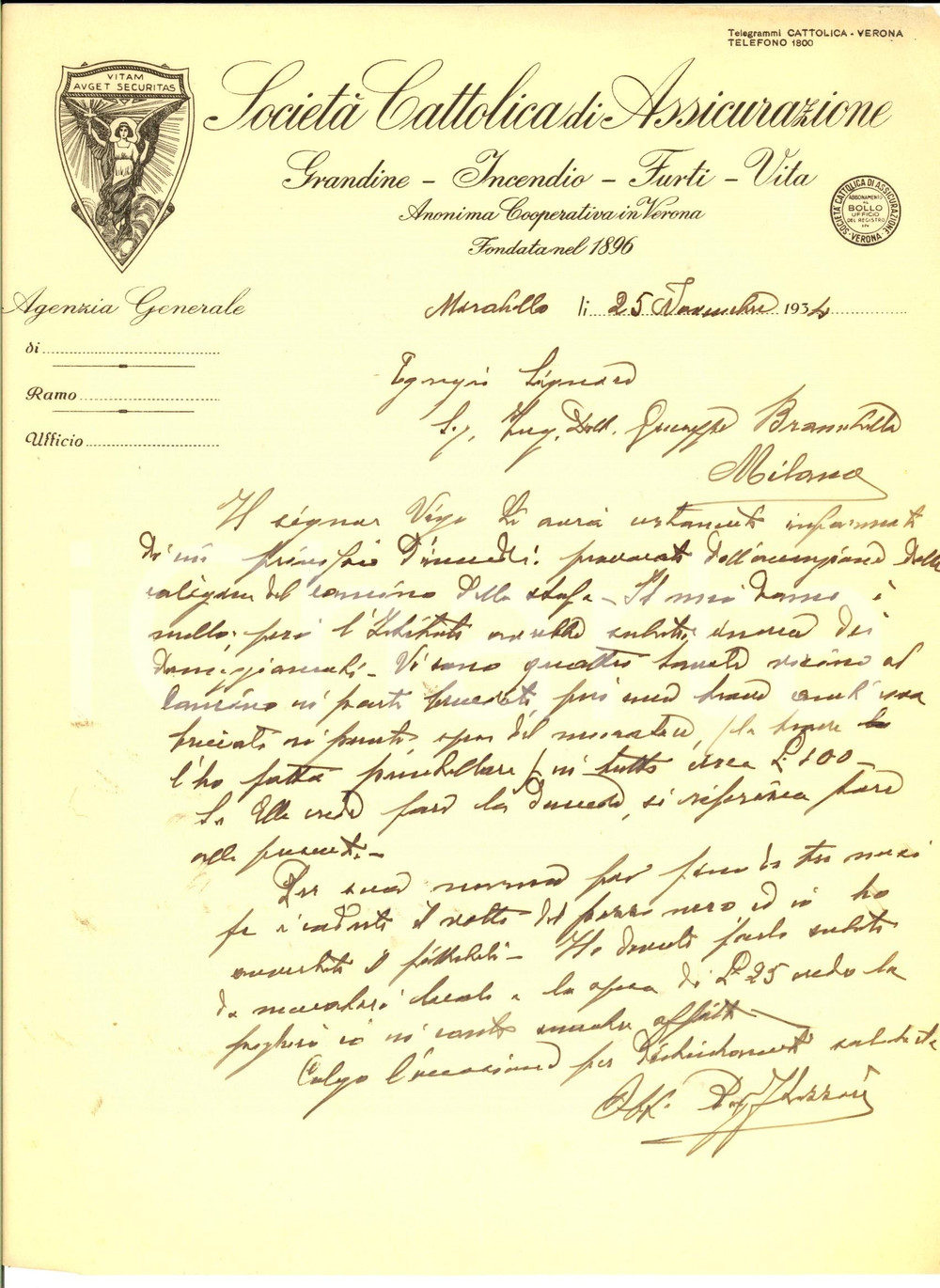 Manoscritto, lettera originale 1934 MIRABELLO FE SocietÃ  Cattolica di Assicurazione  Danni da stufa Lettera 1