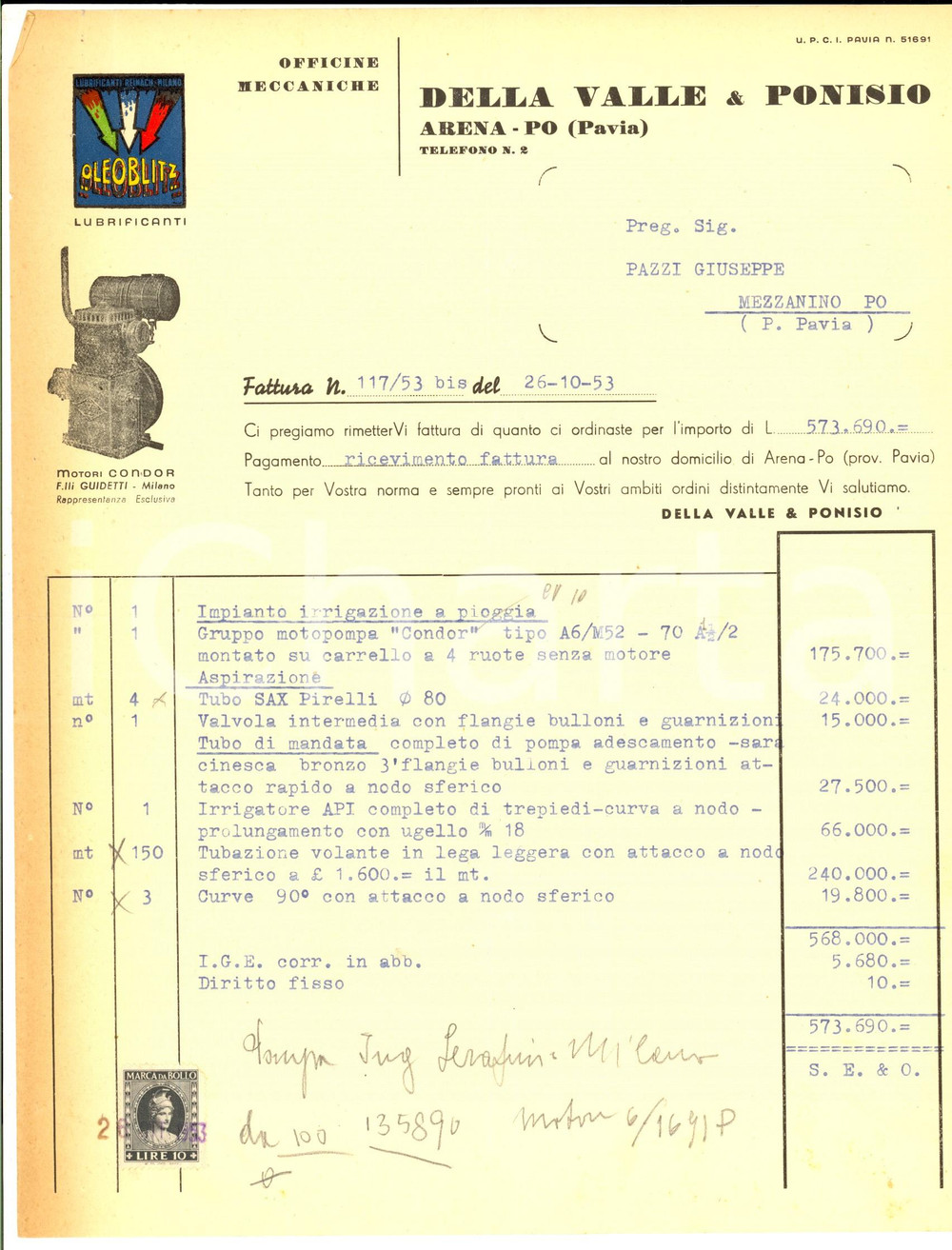 Documento originale, autentico 1953 ARENA PO Officine meccaniche DELLA VALLE & PONISIO Fattura per impianto 1