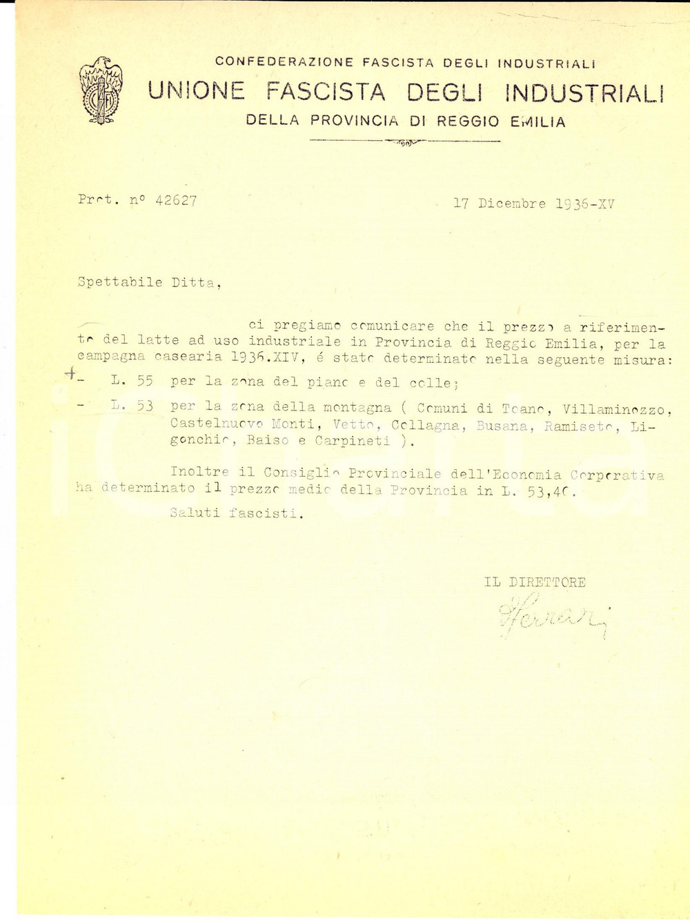Documento originale, autentico 1936 CFI REGGIO EMILIA Prezzo del latte a uso industriale per campagna casearia 1