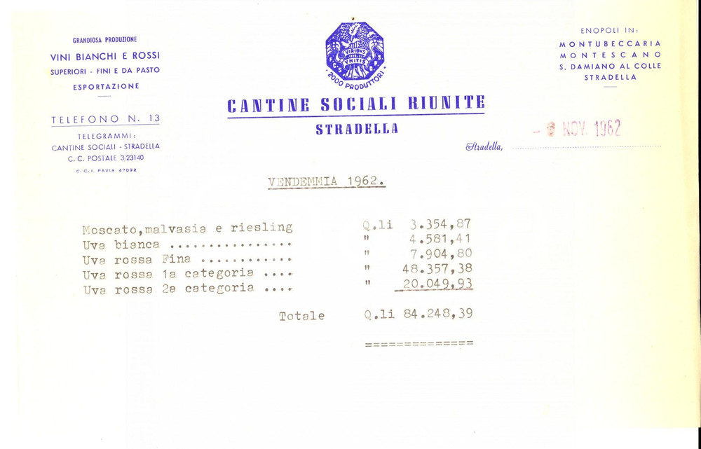 Documento originale, autentico 1962 STRADELLA PV CANTINE SOCIALI  Vendemmia annuale uve e moscato 1