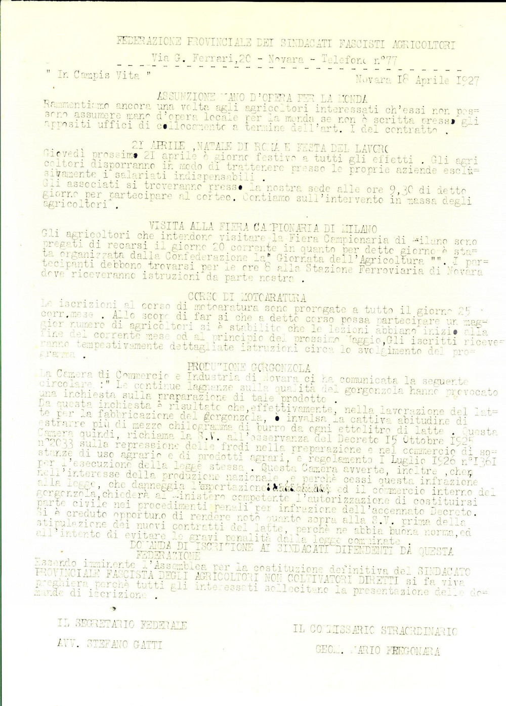 1927 NOVARA CNFA Natale di Roma e lagnanze sulla qualità del gorgonzola *Lettera