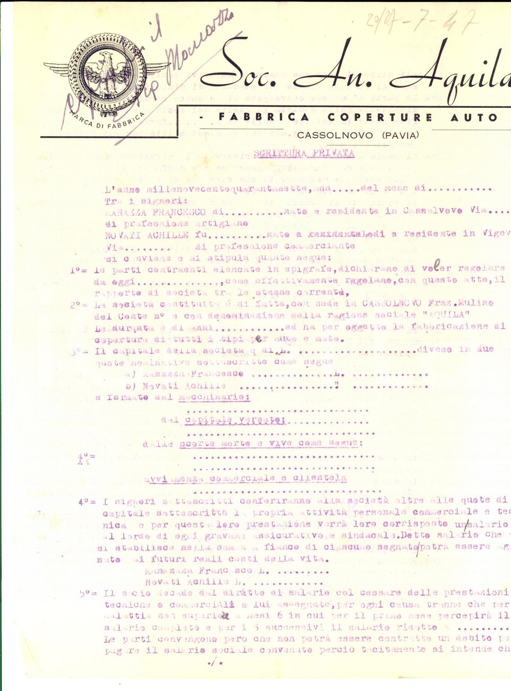 Documento originale, autentico 1947 CASSOLNOVO PV Bozza per societÃ  anonima AQUILA fabbrica coperture auto 1
