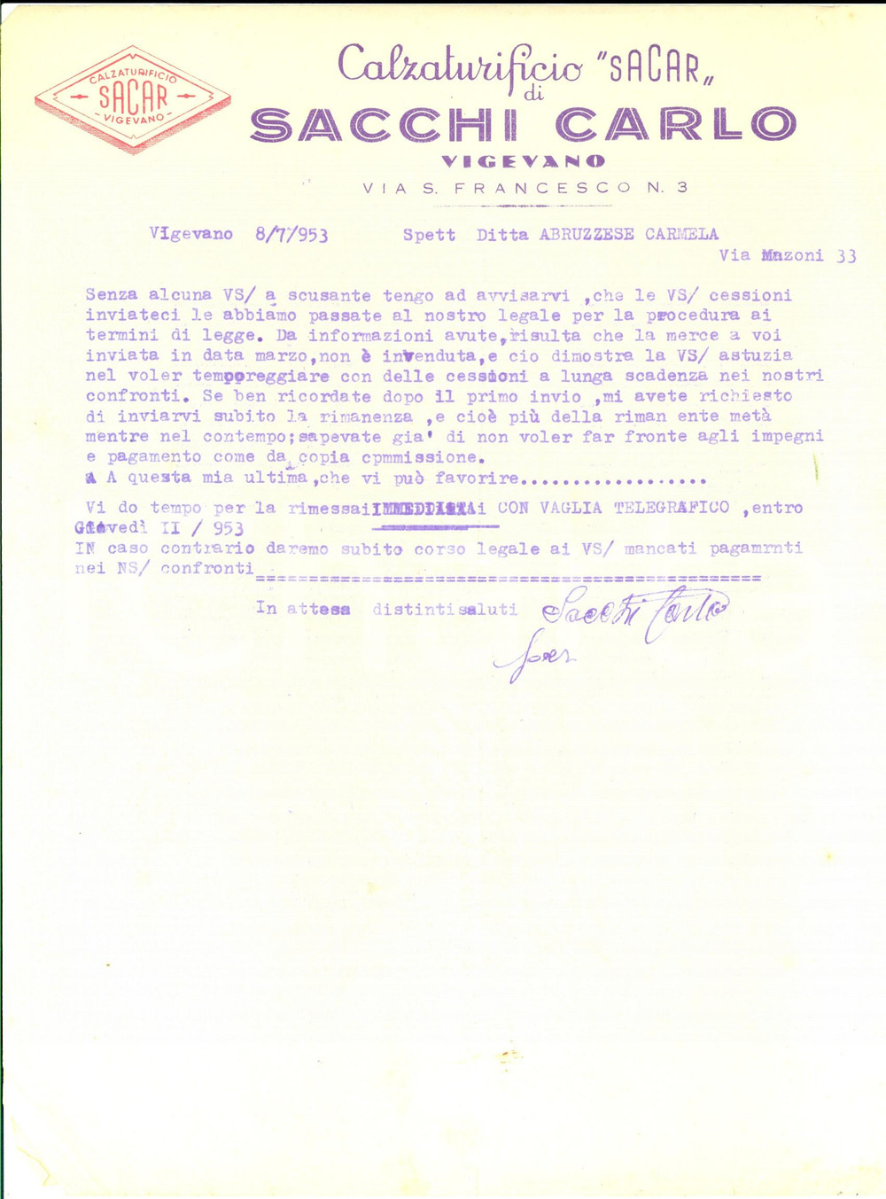 Manoscritto, lettera originale 1953 VIGEVANO PV Calzaturificio SACAR di Carlo SACCHI Lettera commerciale 1