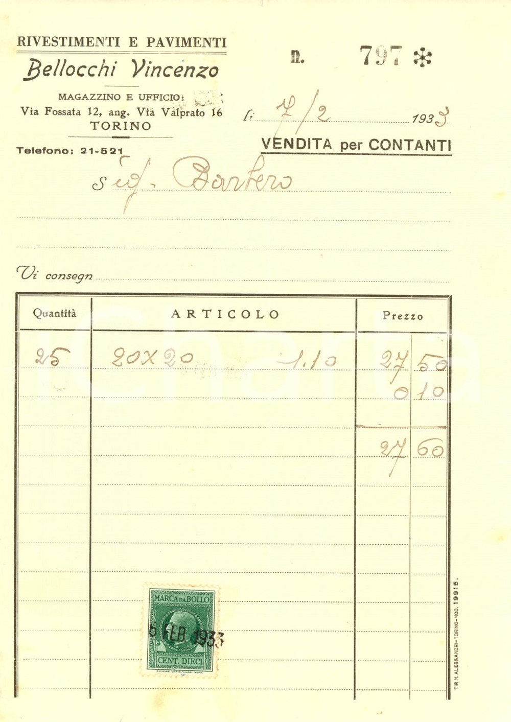 Documento originale, autentico 1933 TORINO Vincenzo BELLOCCHI  Rivestimenti e pavimenti Fattura intestata 1