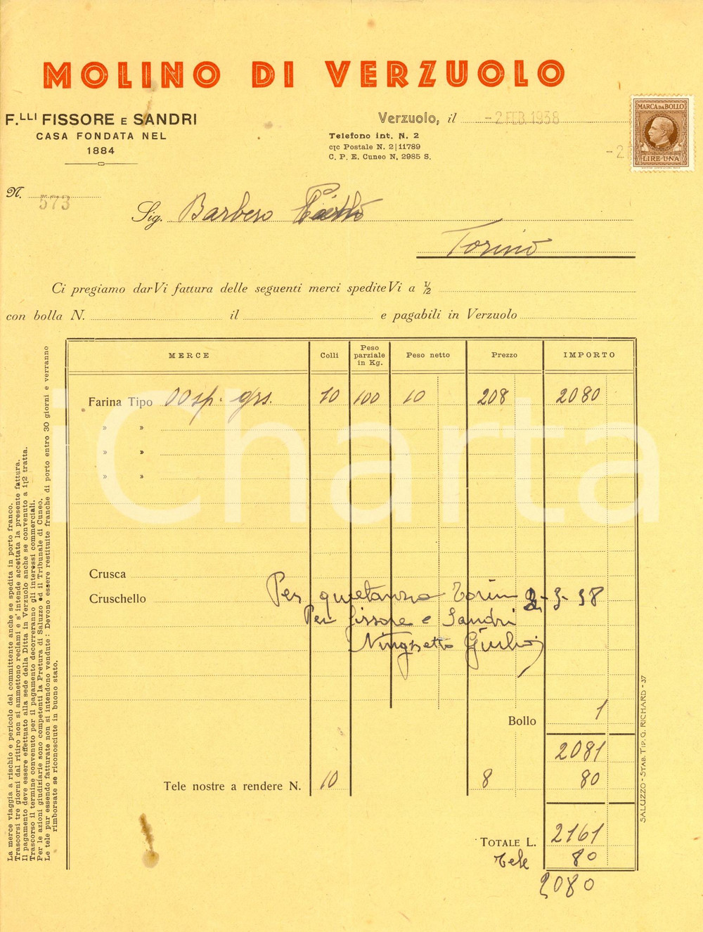 Documento originale, autentico 1938 VERZUOLO CN Fratelli FISSORE e SANDRI  Molino Fattura intestata 1