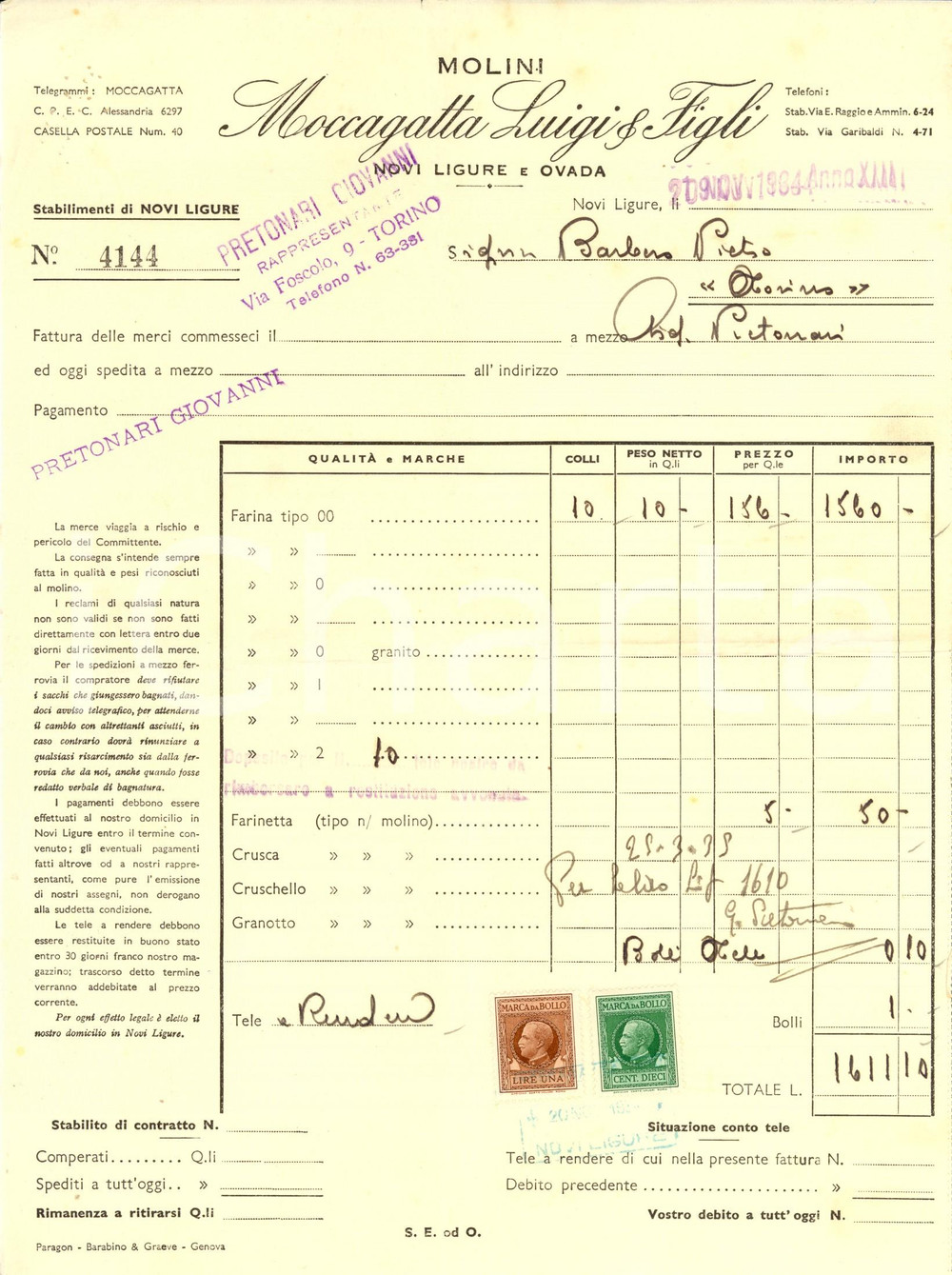 Documento originale, autentico 1934 NOVI LIGURE AL Molini MOCCAGANATTA Luigi & FIGLI Fattura intestata 1