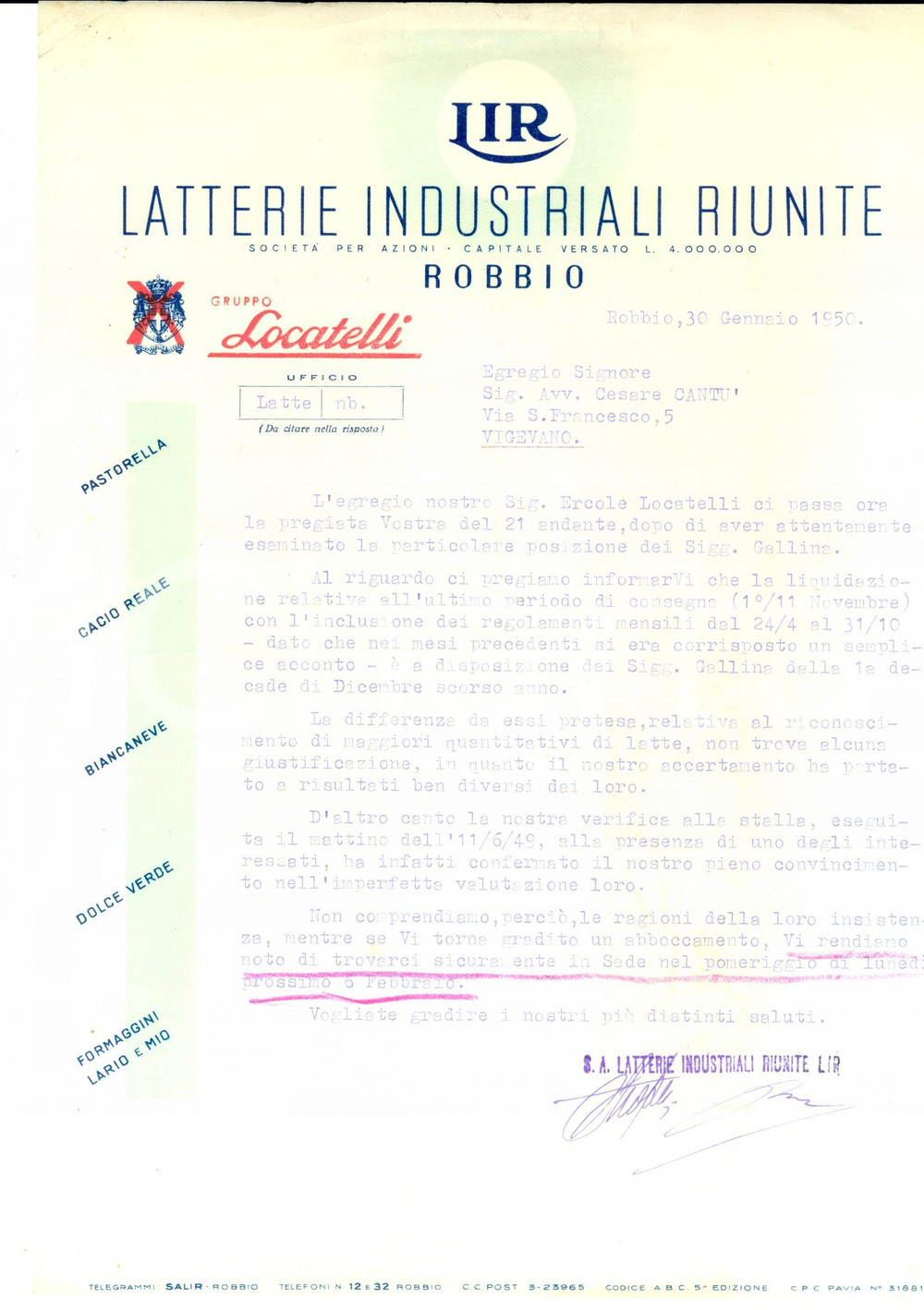Documento originale, autentico 1950 ROBBIO PV Latterie Industriali Riunite su contestata consegna di latte 1