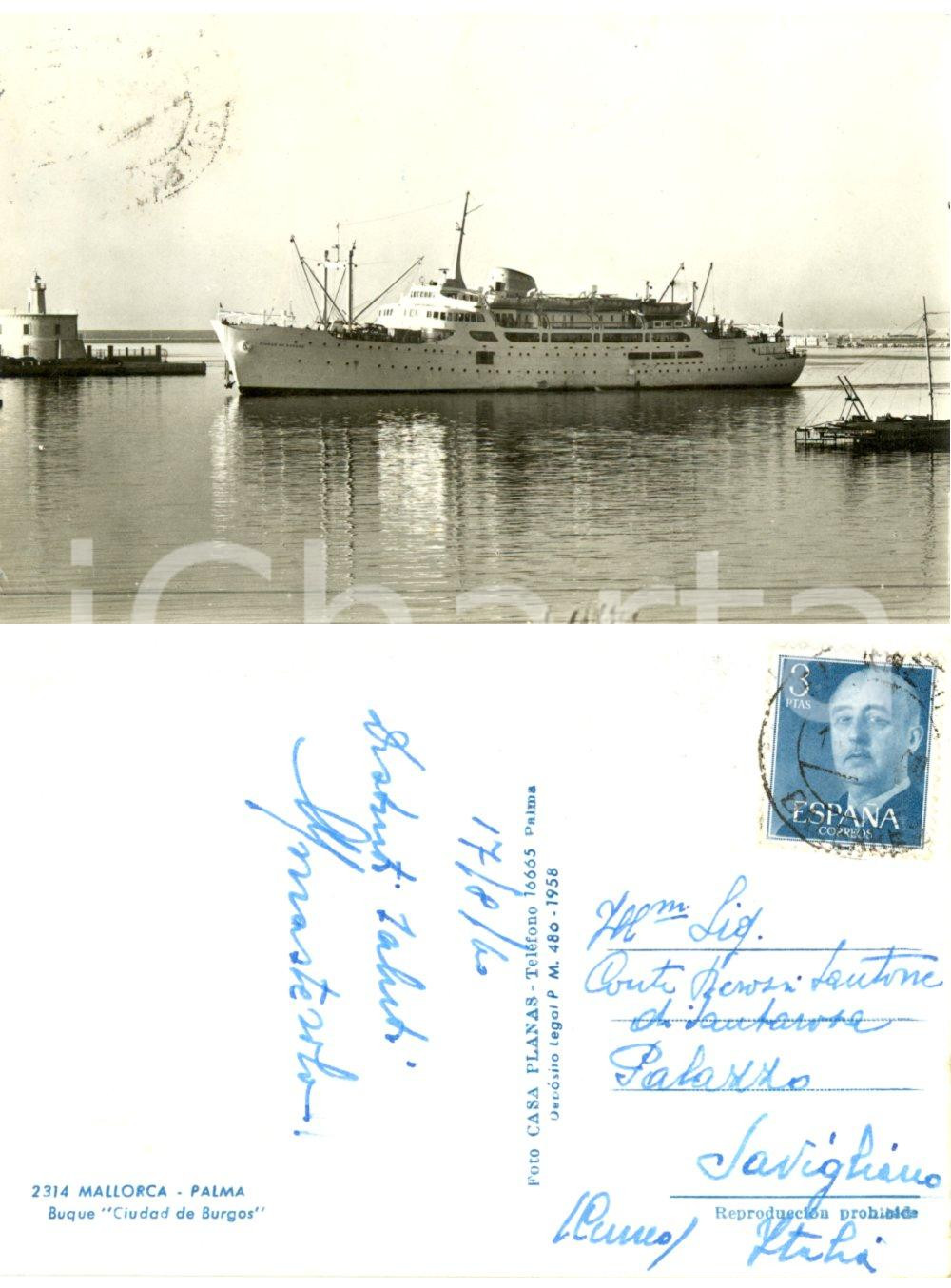 Autografo originale 1960 PALMA DI MAIORCA Battello CIUDAD DE BURGOS Cartolina conte di MONASTEROLO 1