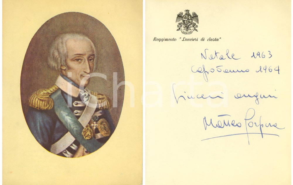 Oggetto da collezione cartaceo 1963 Reggimento LANCIERI DI AOSTA Biglietto augurale Matteo PORPORA 1