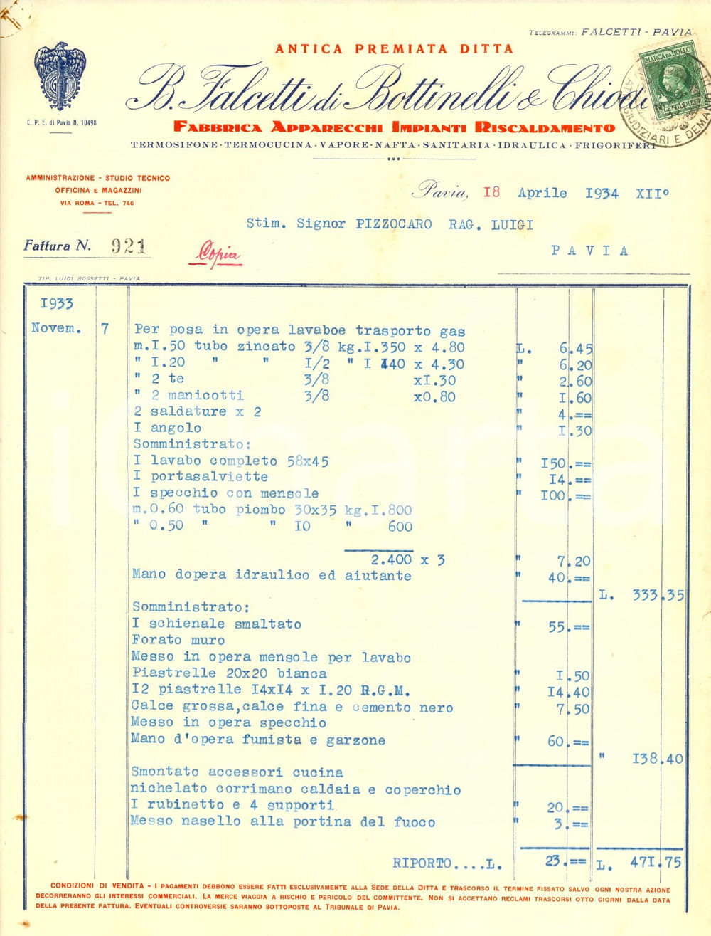 Documento originale, autentico 1934 PAVIA Ditta FALCETTI di BOTTINELLI & CHIODI  Apparecchi Riscaldamento 1
