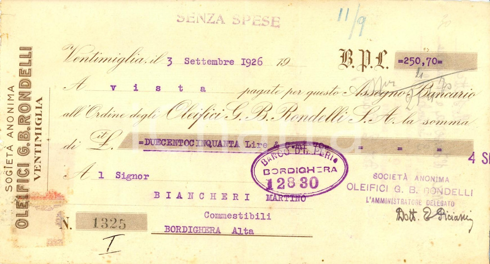 Oggetto da collezione cartaceo 1926 VENTIMIGLIA IM SocietÃ  Anonima Oleifici G.B. RONDELLI Assegno bancario 1