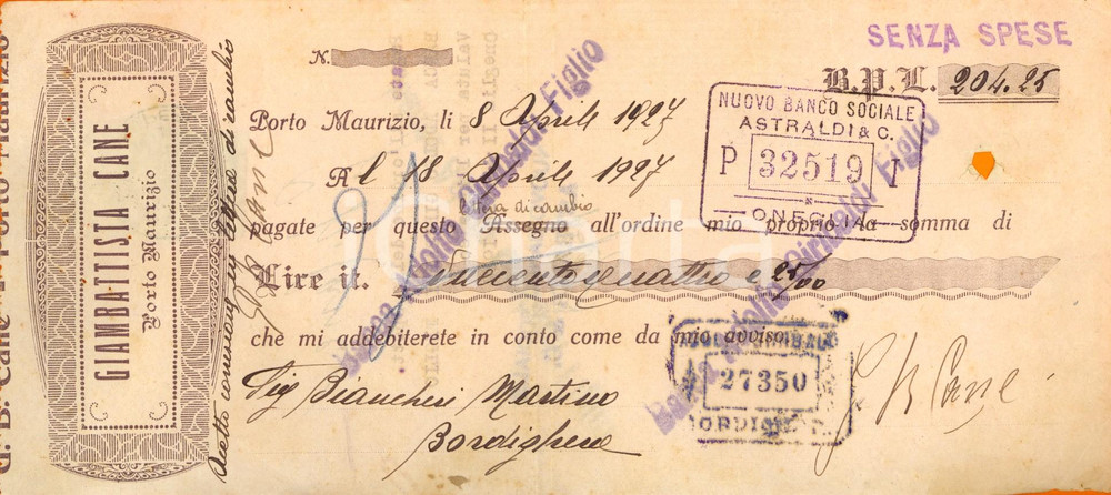 Oggetto da collezione cartaceo 1925 IMPERIA PORTO MAURIZIO Ditta Giambattista CANE Cambiale pubblicitaria 1
