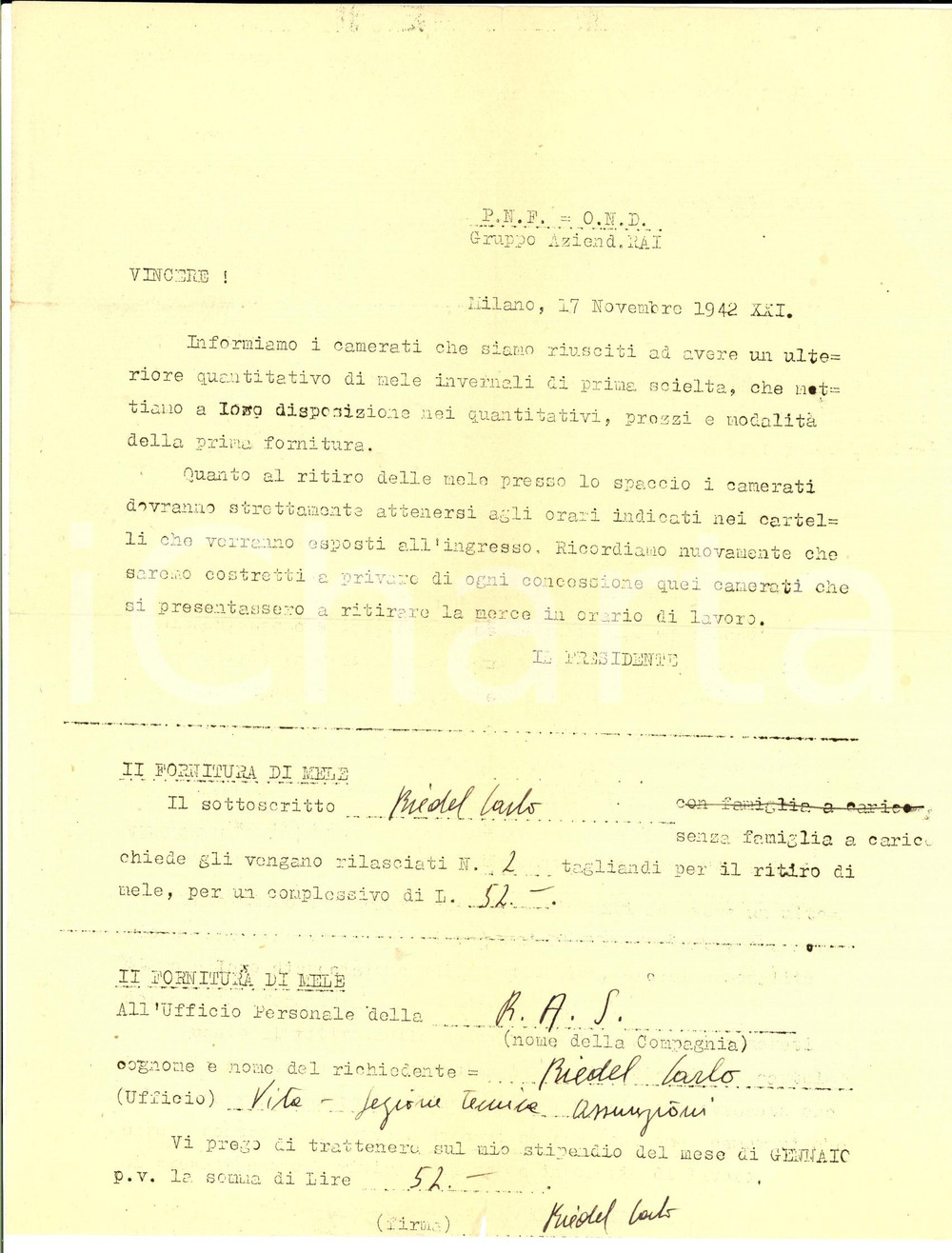 Documento originale, autentico 1942 MILANO OND Gruppo Aziendale RAI  Mele invernali per i dipendenti Lettera 1