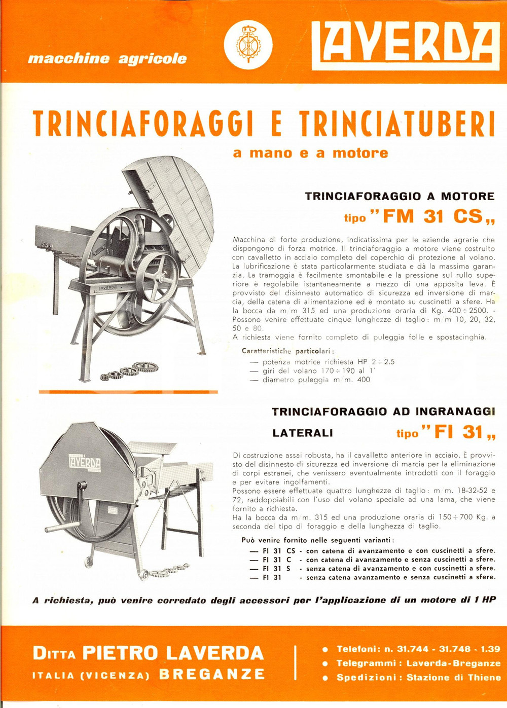 Materiale pubblicitario d’epoca 1959 BREGANZE VI Pietro LAVERDA Trinciaforaggi e trinciatuberi Volantino 1