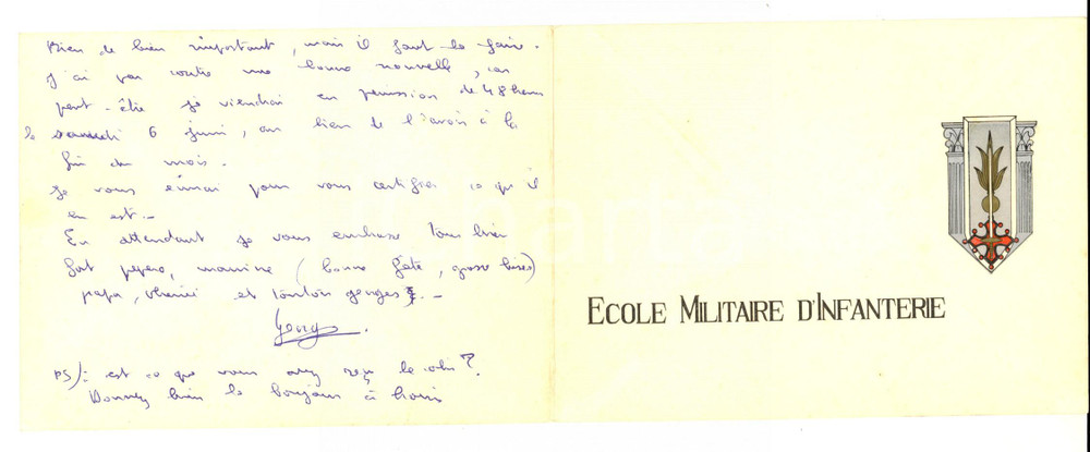 Oggetto da collezione cartaceo 1964 Ecole Militaire d Infanterie de CHERCHELL FRANCE Billet d un jeune Ã©lÃ¨ve 1