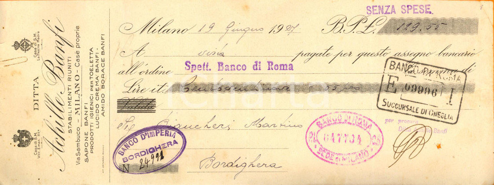 Oggetto da collezione cartaceo 1927 MILANO Ditta Achille BANFI sapone e prodotti bancari Assegno bancario 1