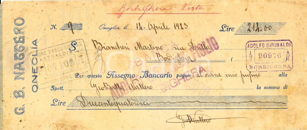 Oggetto da collezione cartaceo 1942 ONEGLIA Ditta G. B. NATTERO Assegno DANNEGGIATO timbro Adolfo GIRIBALDI 1