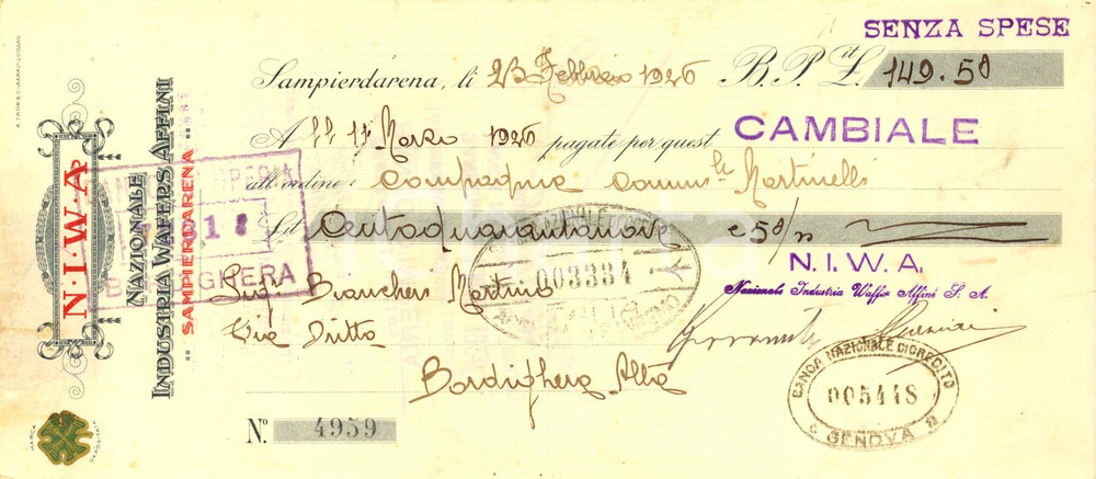 Oggetto da collezione cartaceo 1926 GENOVA Ditta NIWA Nazionale Industria Waffers Cambiale pubblicitaria 1