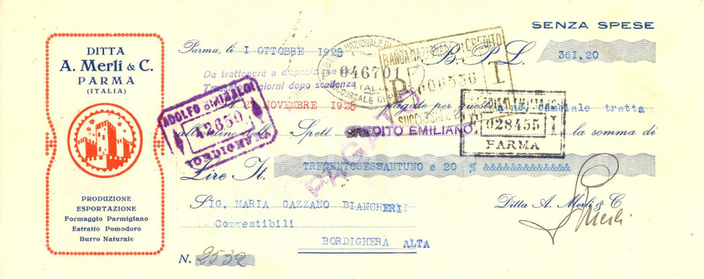 Oggetto da collezione cartaceo 1928 PARMA Ditta A. MERLI & C.  Formaggio e burro Cambiale pubblicitaria 1
