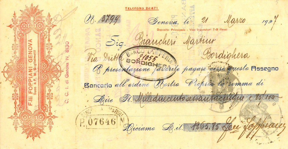 Oggetto da collezione cartaceo 1927 GENOVA Fratelli FOPPIANI successori GUGLIELMOTTI Assegno bancario 1