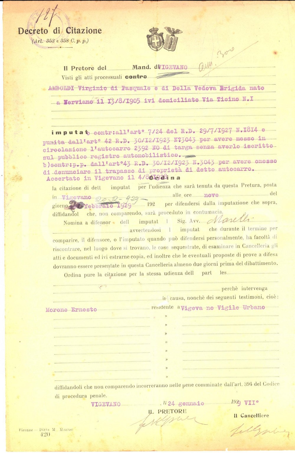 Documento originale, autentico 1929 VIGEVANO Citazione giudiziaria per Virginio AMBOLDI irregolaritÃ  autocarro 1