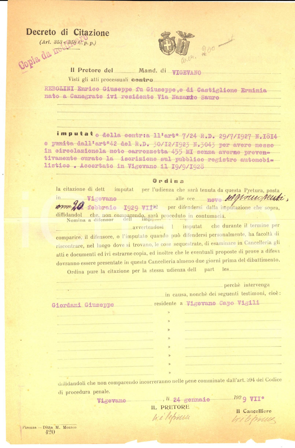 Documento originale, autentico 1929 VIGEVANO Citazione giudiziaria per Enrico REBOLINI su motocarrozzetta 1