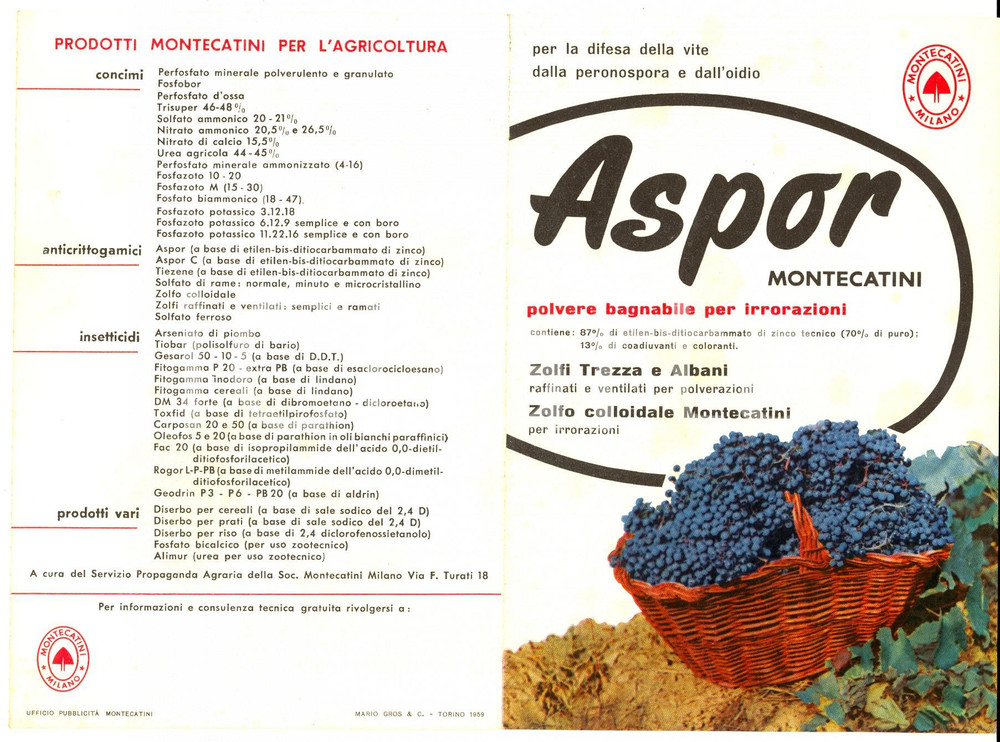 Materiale pubblicitario d’epoca 1959 MILANO Ditta MONTECATINI  ASPOR contro la peronospora Pubblicitario 1