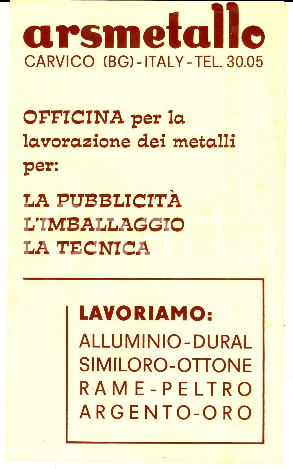 Materiale pubblicitario d’epoca 1970 ca CARVICO BG Officina ARSMETALLO per lavorazione dei metalli ILLUSTRATO 1