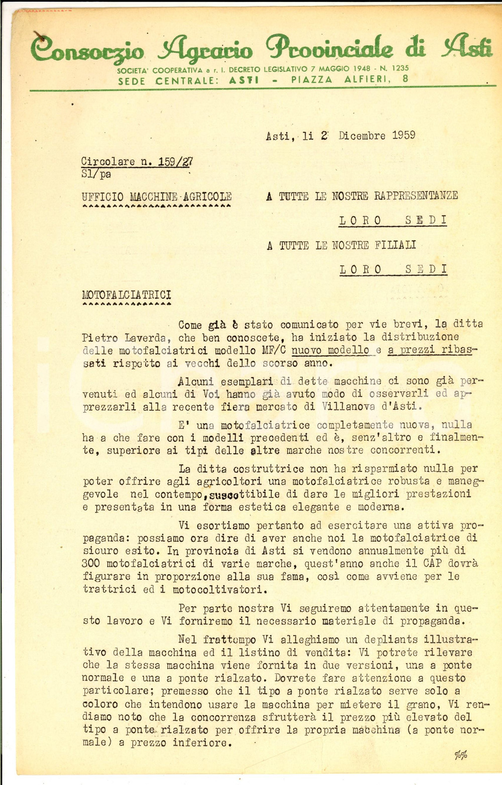 Manoscritto, lettera originale 1959 ASTI Consorzio Agrario Provinciale  Nuova motofalciatrice LAVERDA Lettera 1